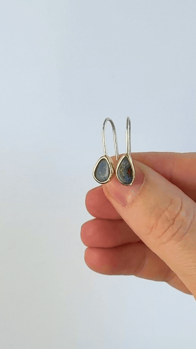 Handcrafted Winton boulder opal drop earrings with asymmetric design in 9K gold and sterling silver