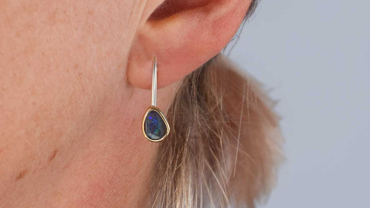 Mismatched boulder opal earrings with 9K gold bezels and sterling silver ear wires, handmade in Australia