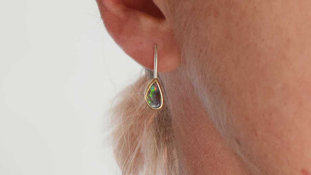 Twin Stone Boulder Opal Earrings in 9K gold and sterling silver, handcrafted by Julia Paris Designs, featuring two individual Winton Queensland opals
