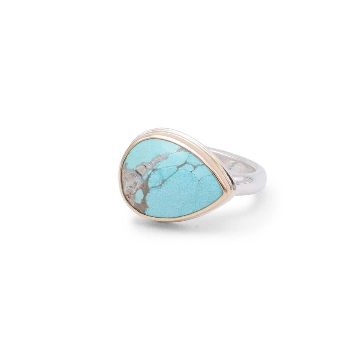 Ocean Relic handcrafted ring featuring rare Western Australian turquoise teardrop with grey marble webbing set east-west in 14K gold bezel - OOAKR179