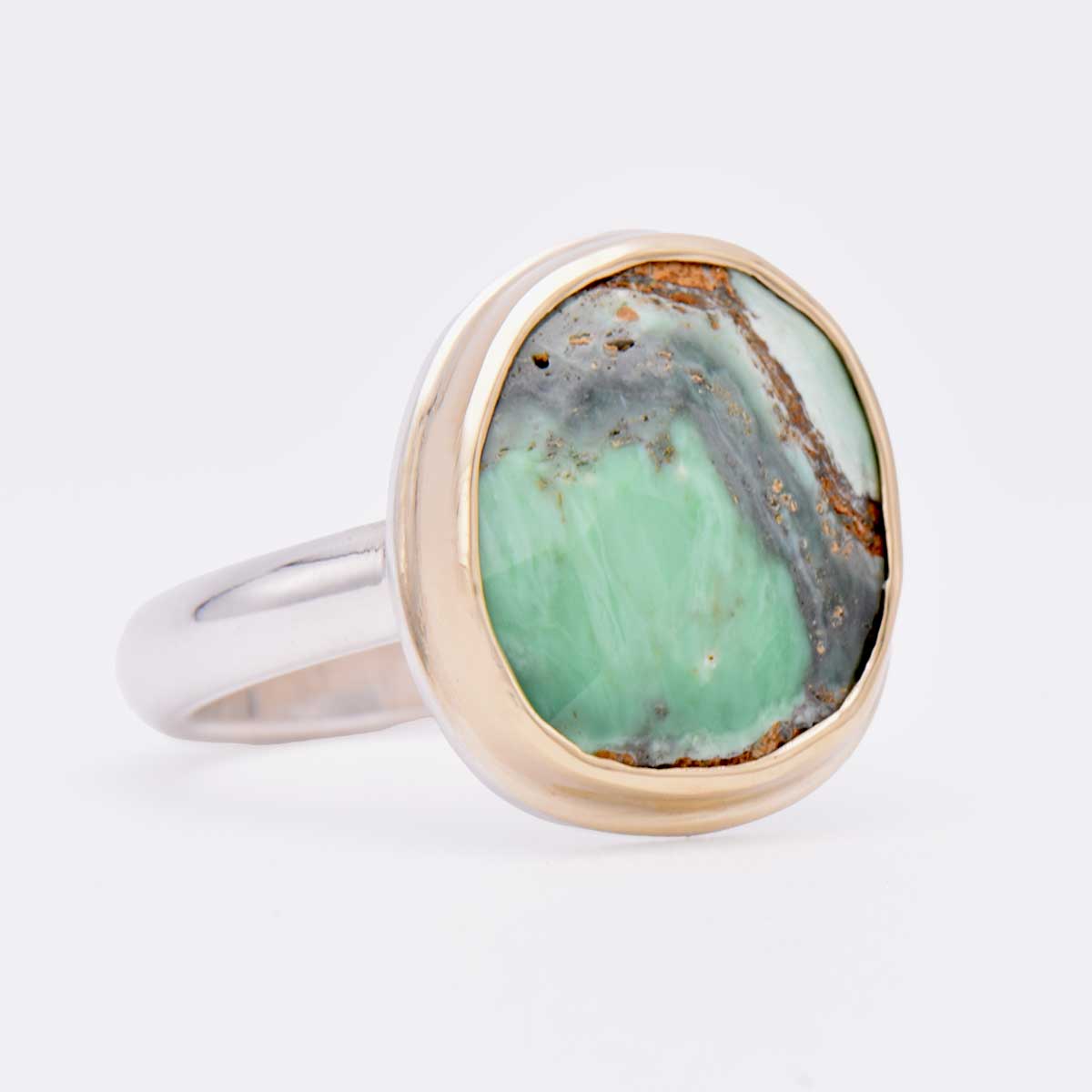 OOOAKR162_Rosecut_Variscite_Mixed_Metal_Ring_Size7