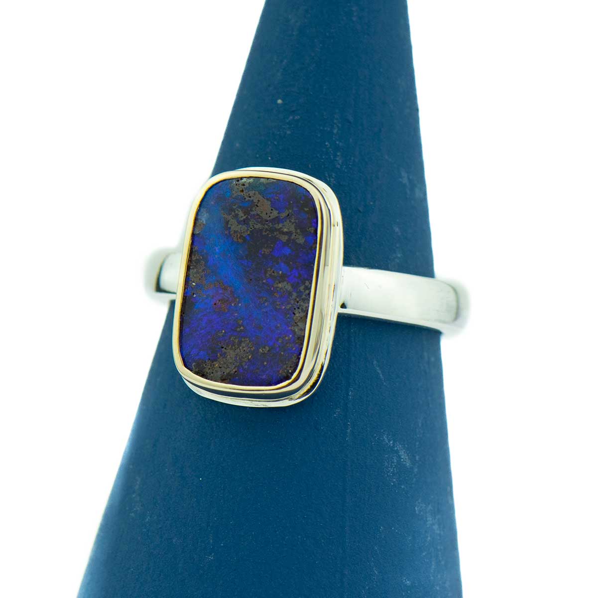 Blue Rectangle Boulder Opal Ring 14k Gold Sterling Silver Size7.5