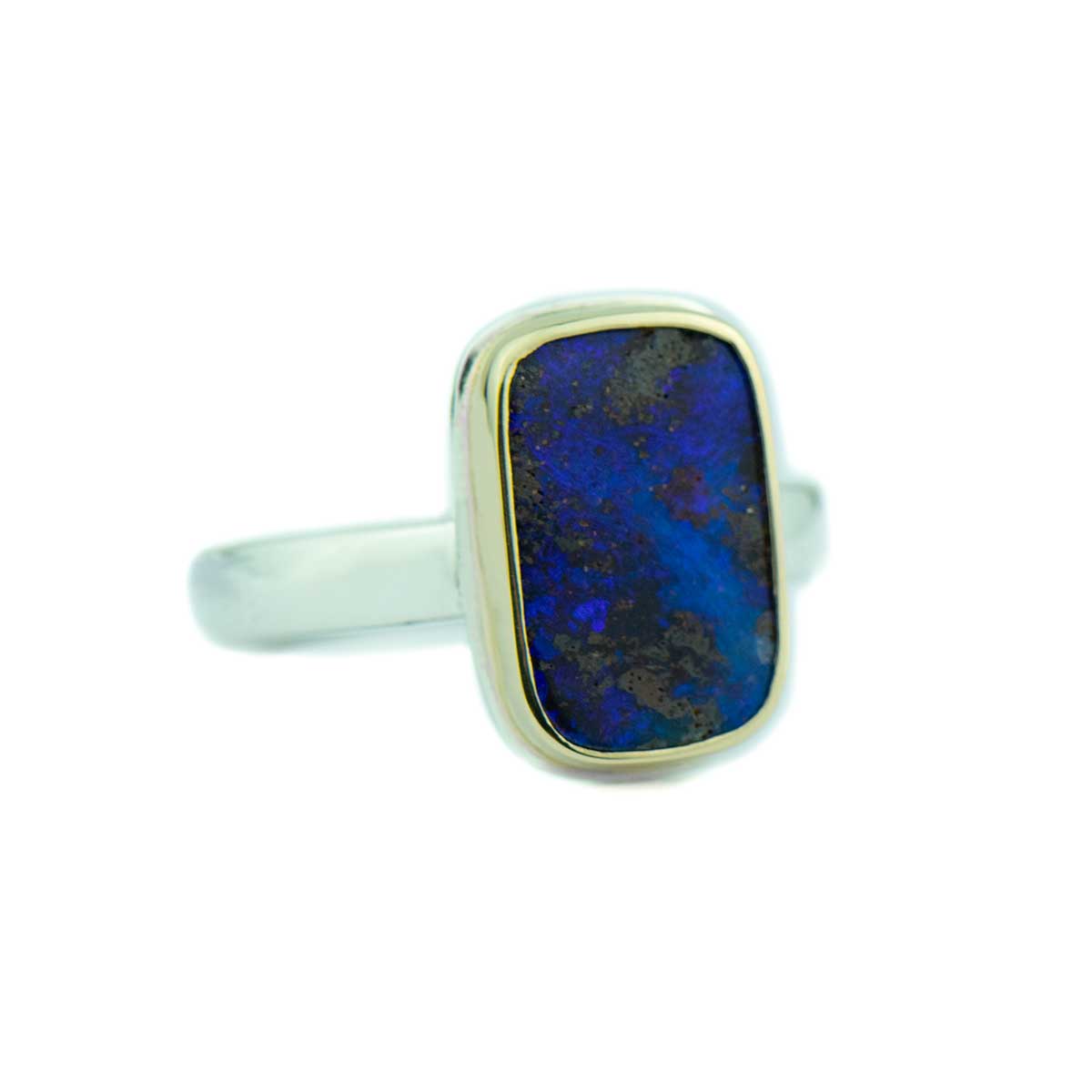 Blue Rectangle Boulder Opal Ring 14k Gold Sterling Silver Size7.5
