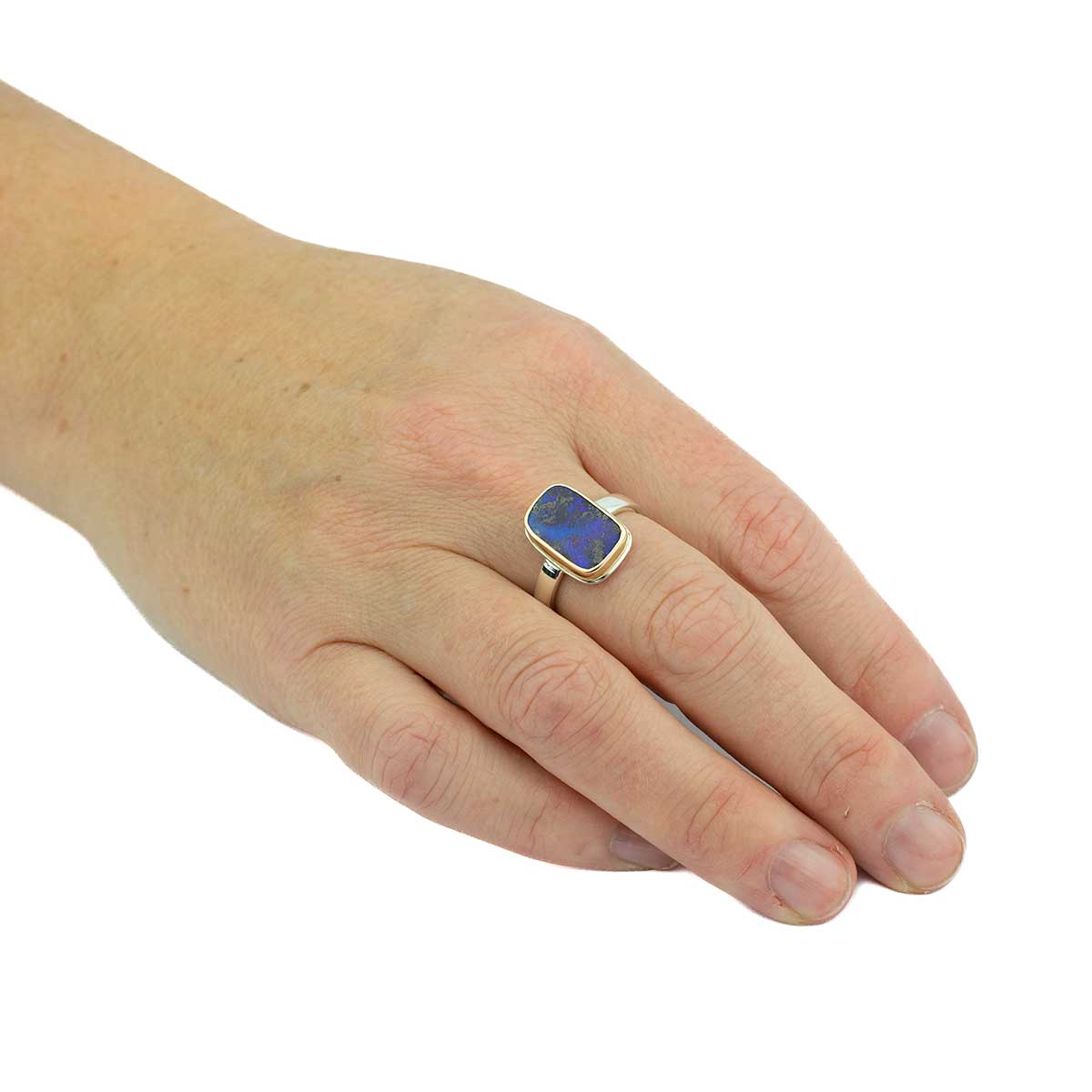 Blue Rectangle Boulder Opal Ring 14k Gold Sterling Silver Size7.5