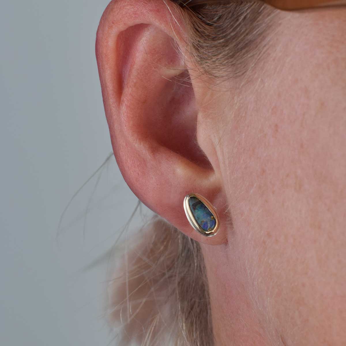 Handcrafted Winton boulder opal studs with minimal bezel design in 9K gold and sterling silver