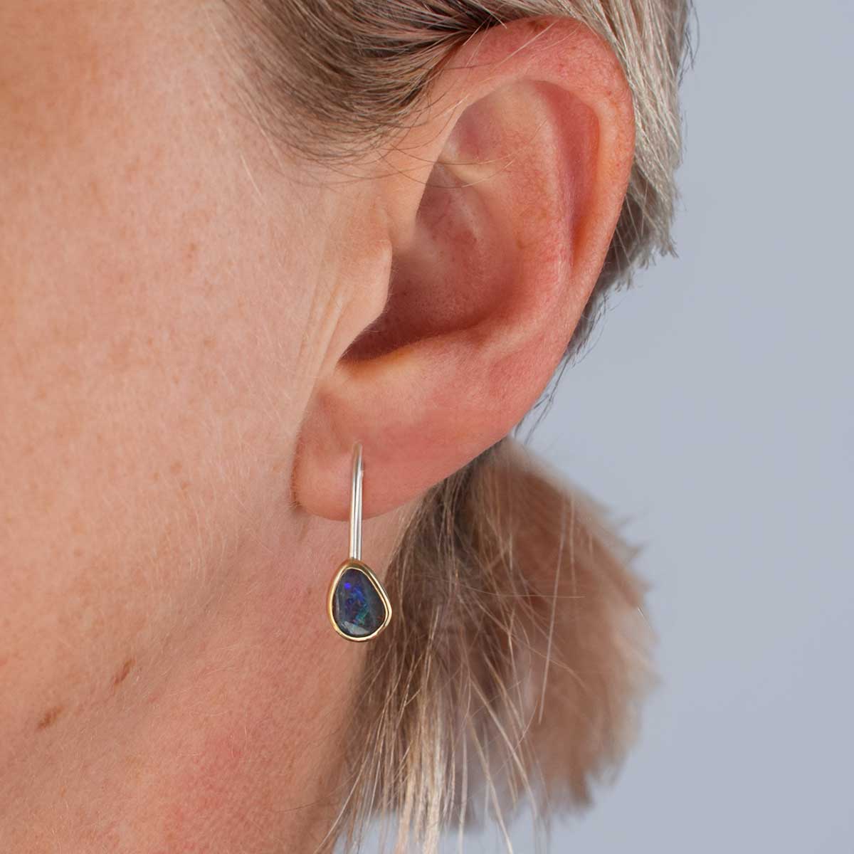 Mismatched boulder opal earrings with 9K gold bezels and sterling silver ear wires, handmade in Australia