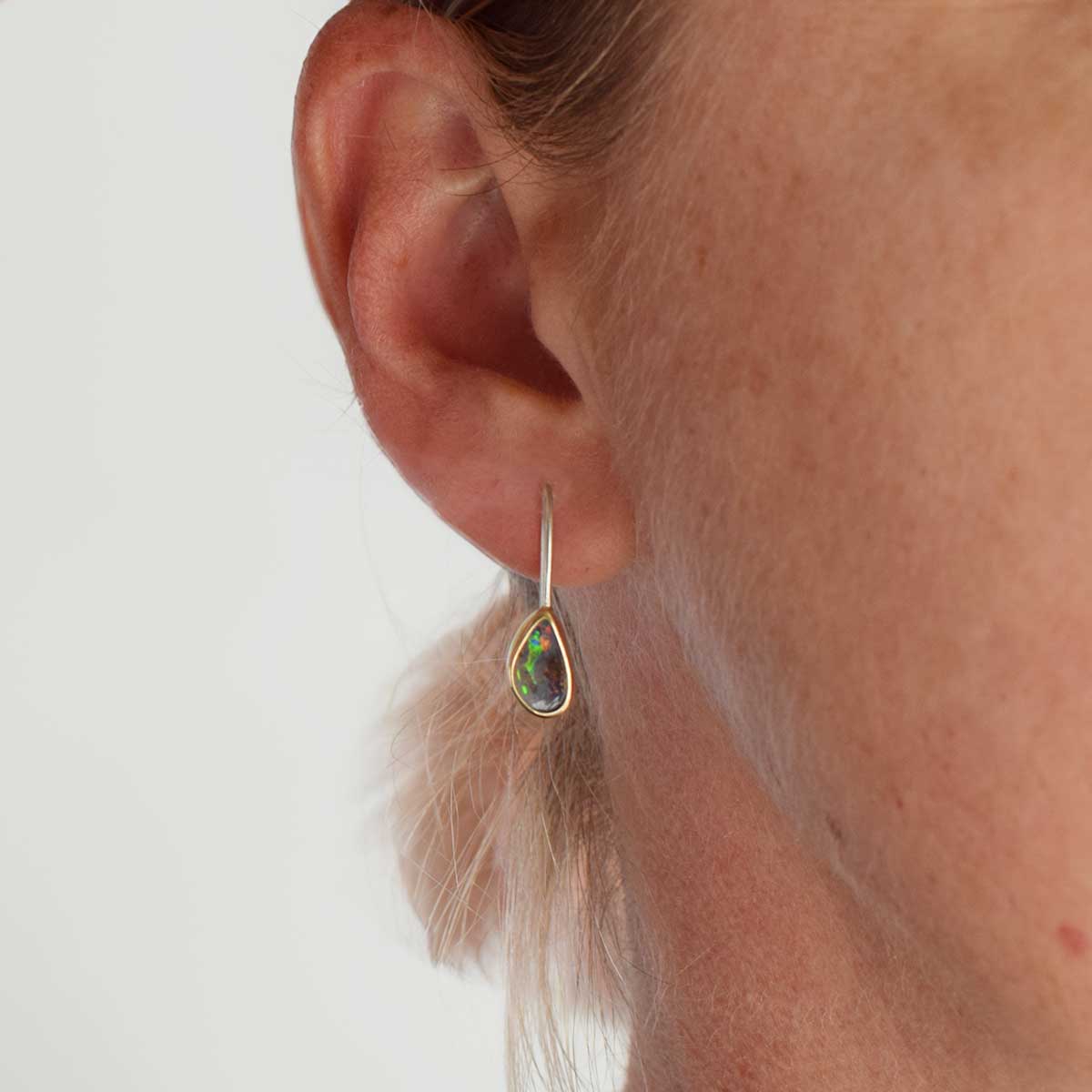 Twin Stone Boulder Opal Earrings in 9K gold and sterling silver, handcrafted by Julia Paris Designs, featuring two individual Winton Queensland opals