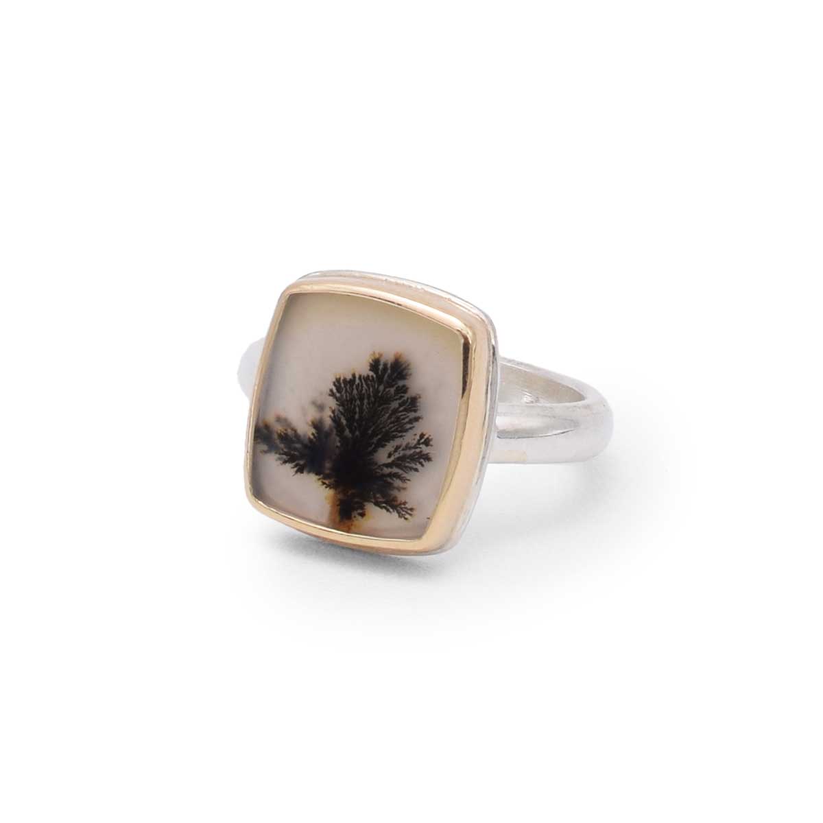 Solitary Tree handcrafted ring featuring substantial dendritic agate with singular black tree dendrite centred in square stone with 14K gold bezel - OOAKR185