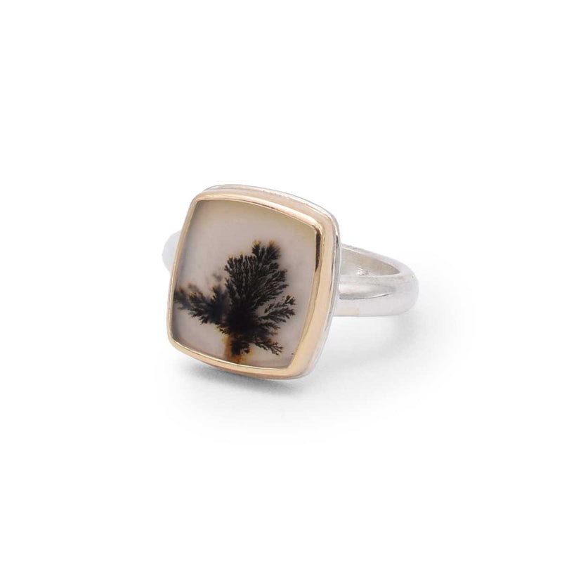 Solitary Tree Ring | Dendritic Agate 14K Gold & Sterling Silver