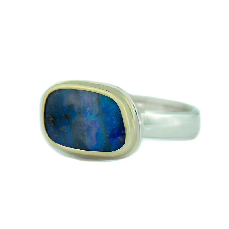 Blue Rectangle Boulder Opal 14K Gold Sterling Silver Ring Size6.5