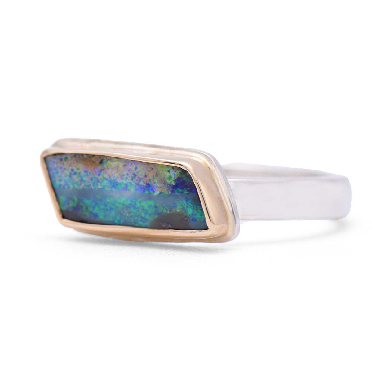 Coral Geometry handcrafted ring featuring parallelogram boulder opal with blue and green reef-like patterns in 14K gold bezel - ORMM110