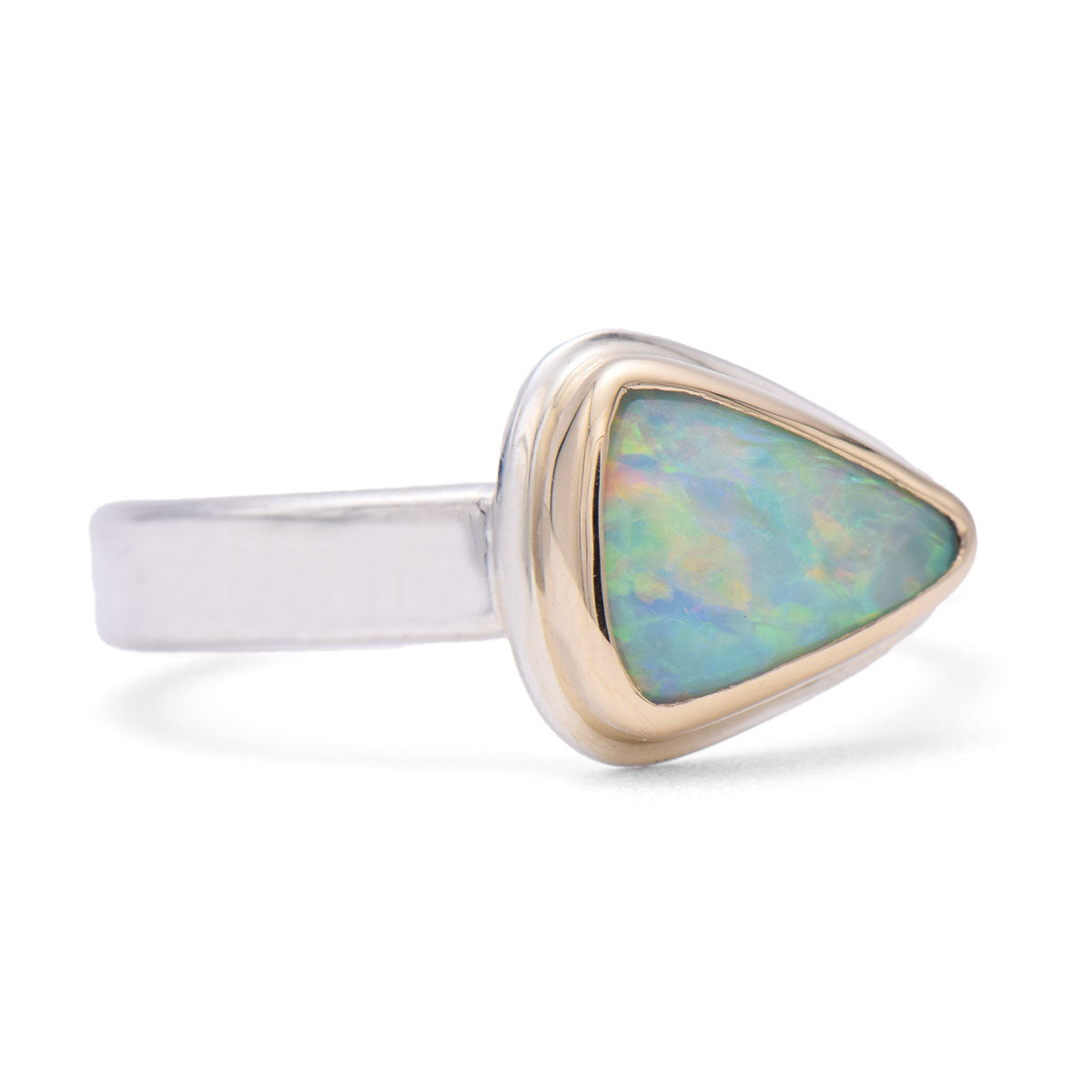 Shallow Reef Ring, Coober Pedy crystal opal set east-west in 14K gold bezel with sterling silver band, front view