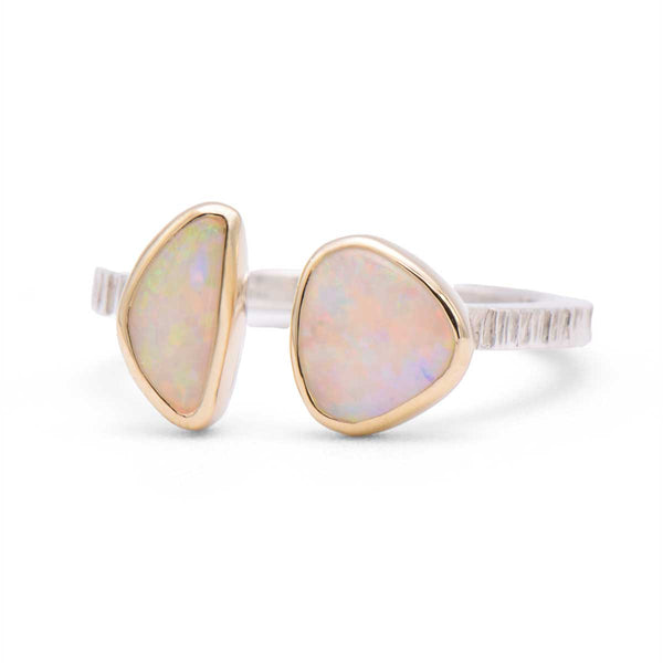 White Opal Split Ring | 14K Gold & Sterling Silver | Size 6.5