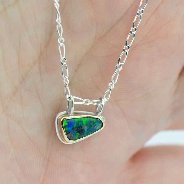Triangle Blue Green Boulder Opal Triangle Mixed Metal Necklace
