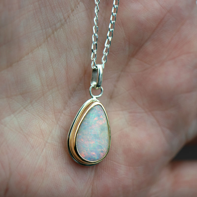 White Teardrop Opal Necklace | 14K Gold & Sterling Silver