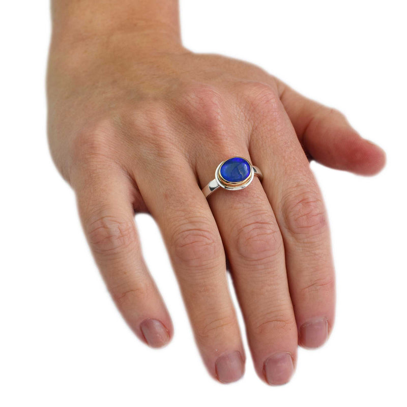 Blue Large Round Opal Ring | 14K Gold and sterling silver | Size 9.5