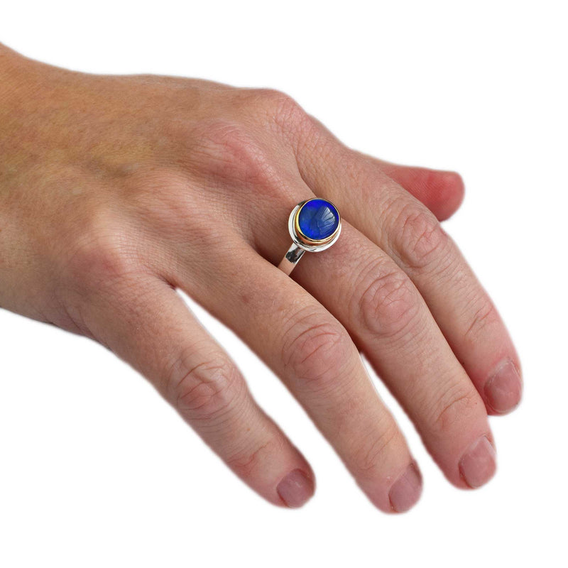 Blue Large Round Opal Ring | 14K Gold and sterling silver | Size 9.5
