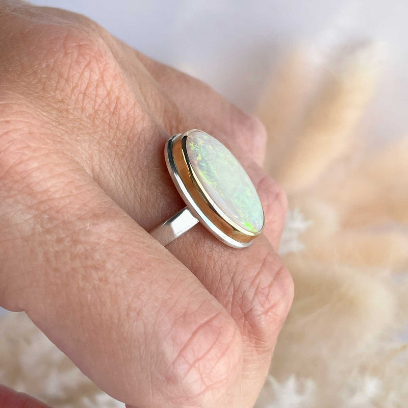 Vertical Oval White Opal Ring | 14K Gold and Sterling Silver | Size 7