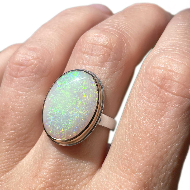 Vertical Oval White Opal Ring | 14K Gold and Sterling Silver | Size 7
