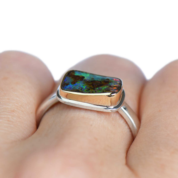 Rectangle Boulder Opal Mixed Metal Ring SIze 8.5
