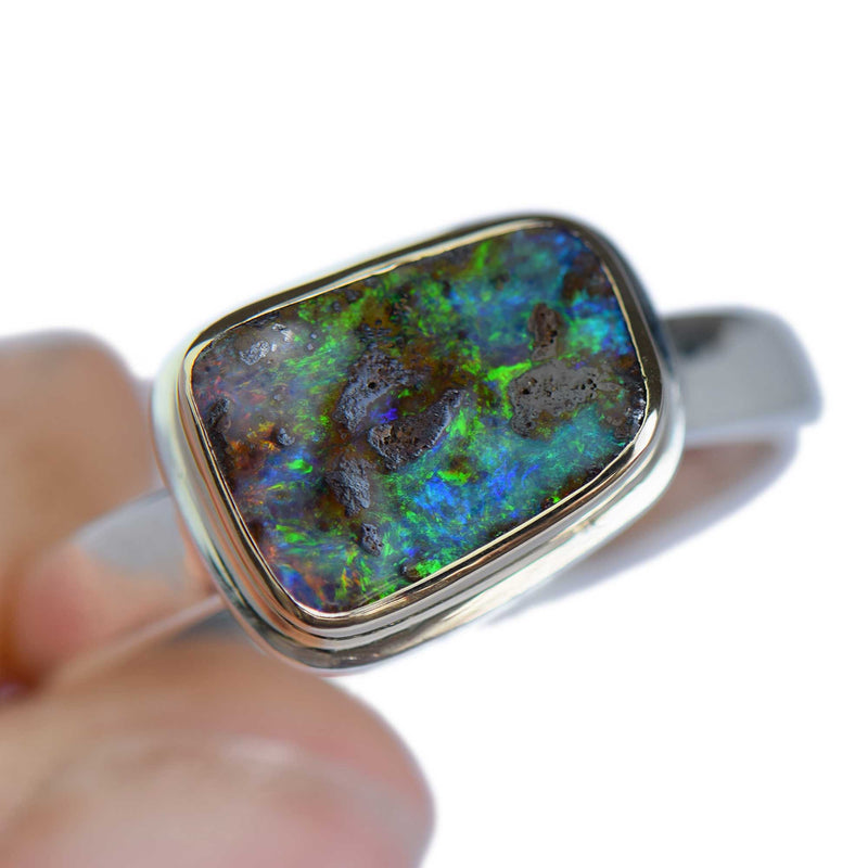 Rectangle Boulder Opal Mixed Metal Ring Size 8.5