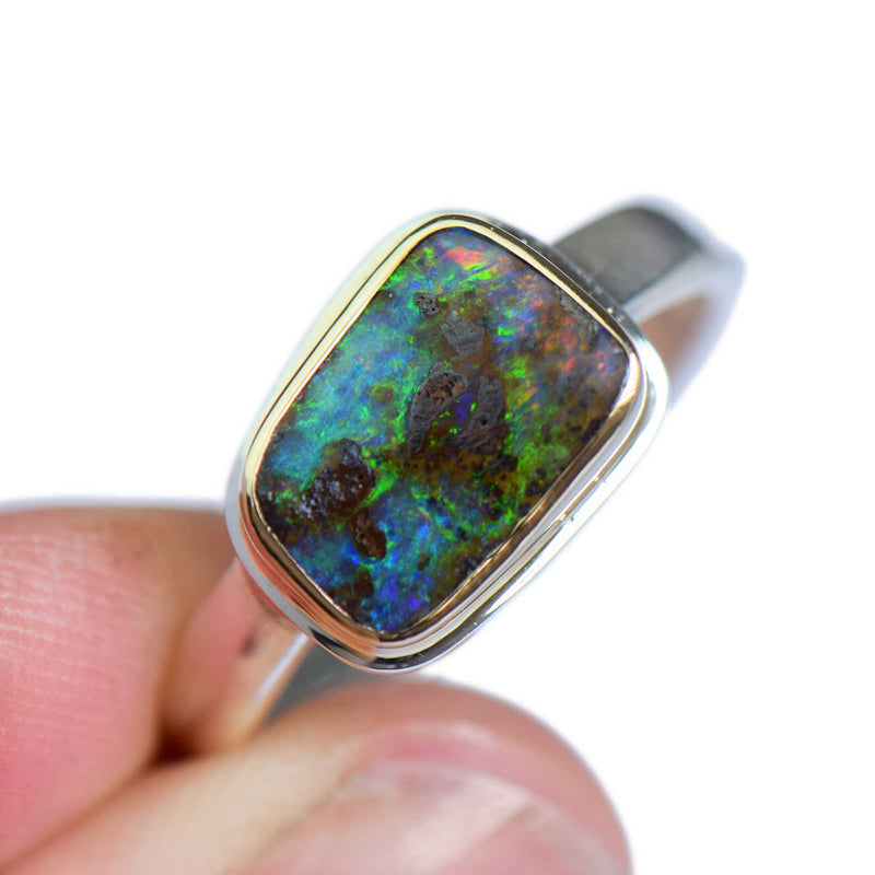 Rectangle Boulder Opal Mixed Metal Ring Size 8.5